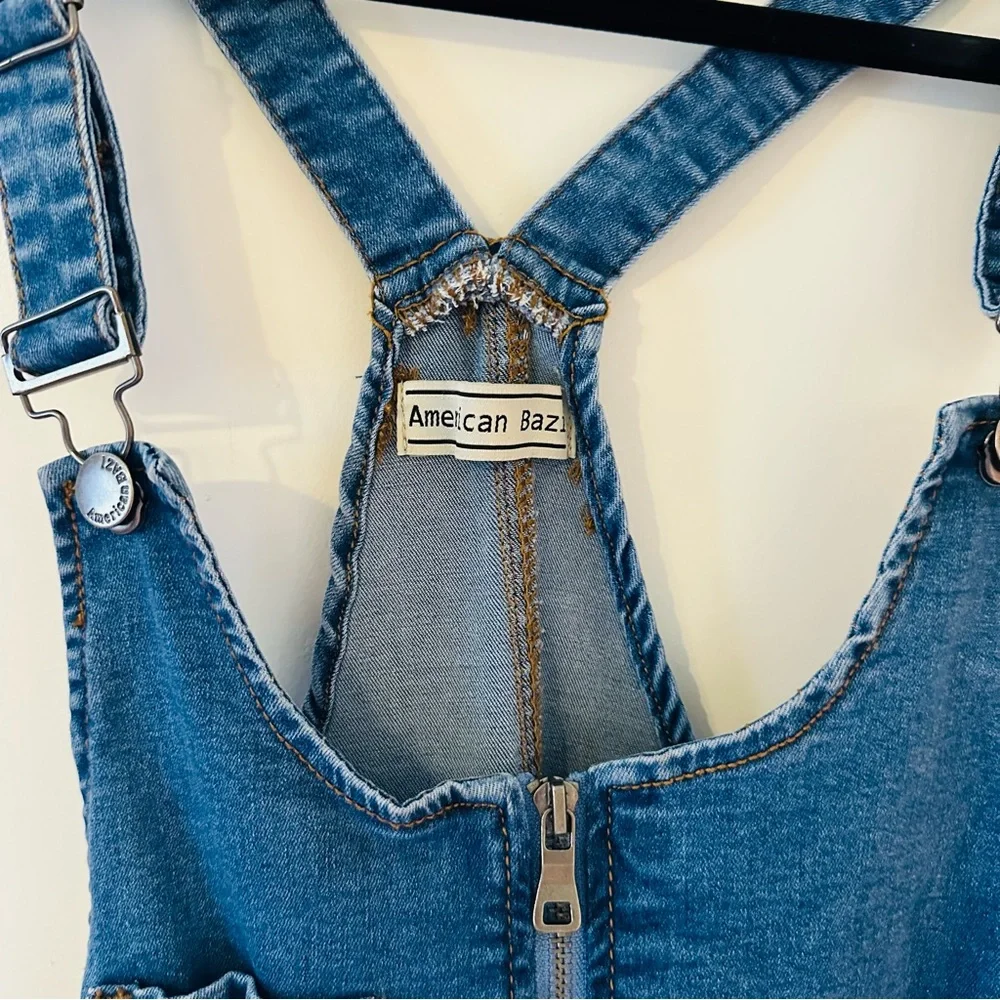 Denim Jumper Dress - Juniors Size Large- Zipper Front/ Distressed Blue Stretchy - Picture 6 of 15